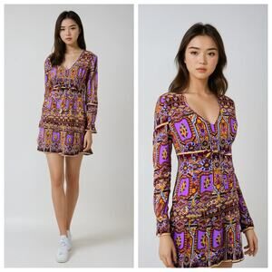 Sundays Child Vintage Boho Mini Dress Long Sleeve Purple Print Size 6